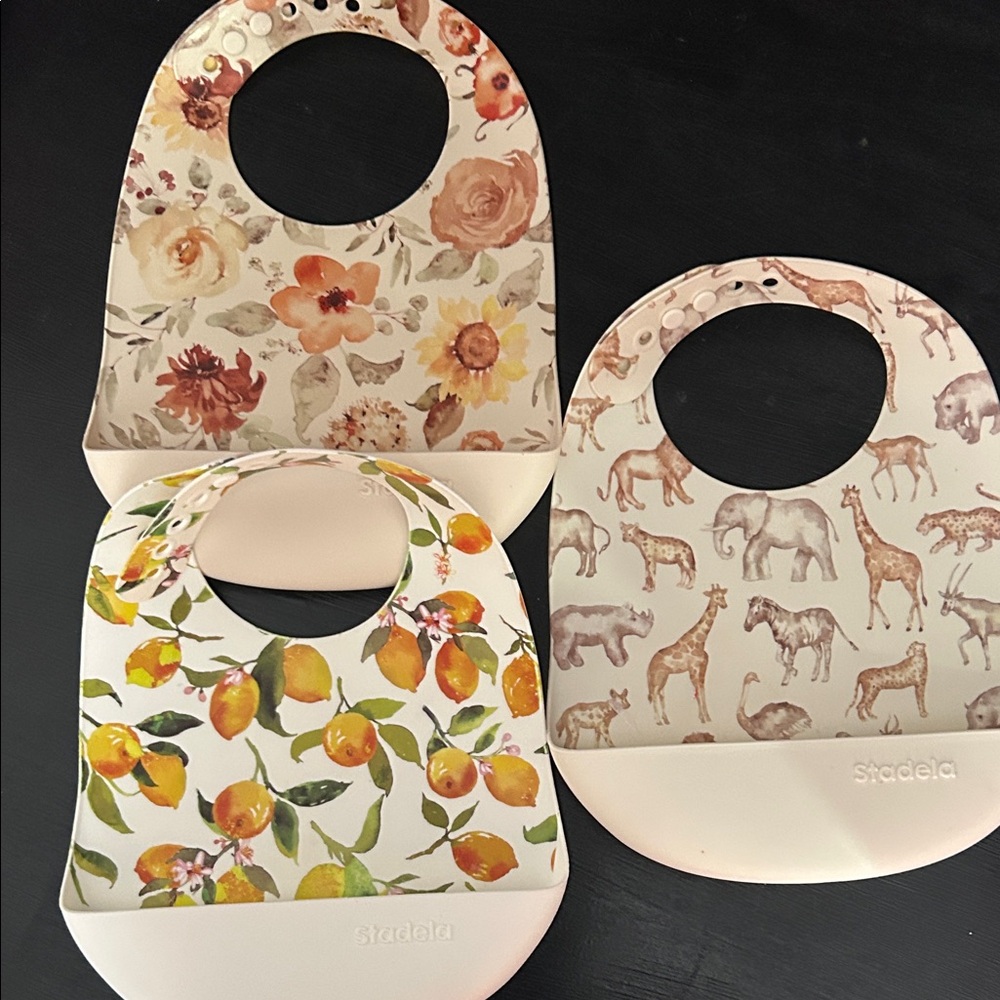 Floral and Animal Print Silicone Bibs - Set of 3